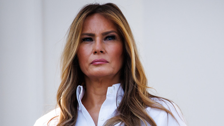 First lady Melania Trump listens as U.S. President Donald Trump (not pictured) delivers remarks during an Independence Day military family picnic on the South Lawn of the White House on July 04, 2025 in Washington, DC (2025)