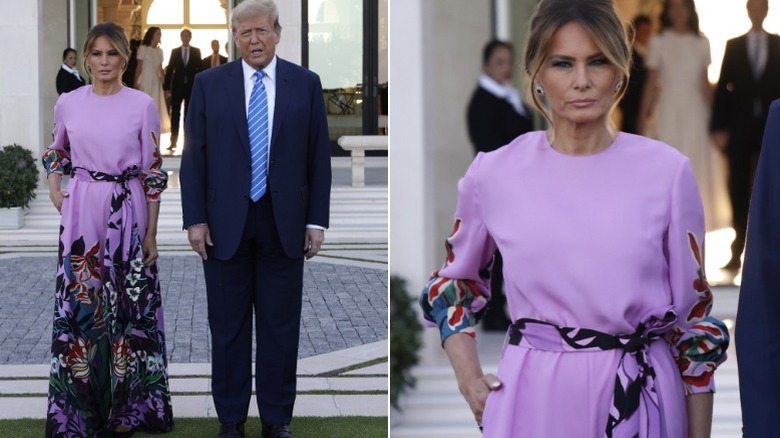Republican presidential candidate, former US President Donald Trump and former first lady Melania Trump arrive at the home of billionaire investor John Paulson on April 6, 2024 in Palm Beach, Florida (2024)