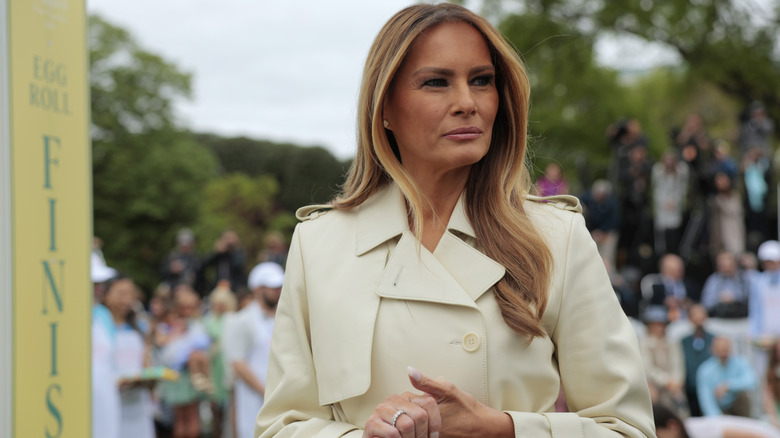 Melania Trump in a cream coat during the 2025 White House Easter egg hunt
