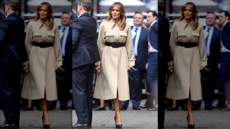 Melania Trump in a beige dress in London