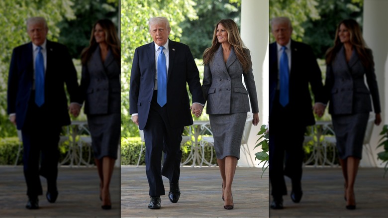 Melania and Donald Trump holding hands in the Rose Garden
