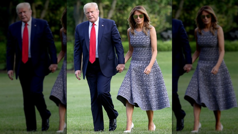 Melania and Donald Trump holding hands on the White House lawn