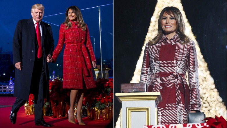 split screen of Donald Trump and Melania Trump holding handing and Melania Trump sort of smiling