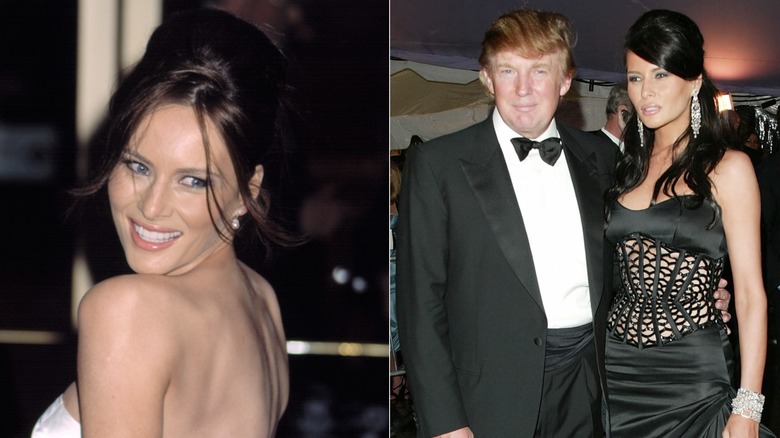 Split image of Melania Trump smiling over her shoulder & Donald and Melania at the Met Gala in 2004