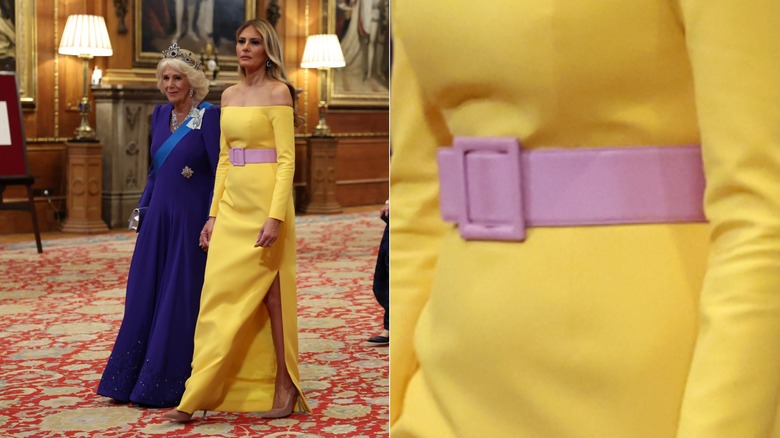 split screen or Melania walking with Queen Camilla and close-up of her belt