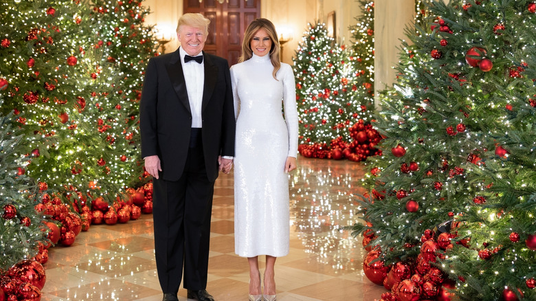 Donald and Melania Trump in White House hall Christmas