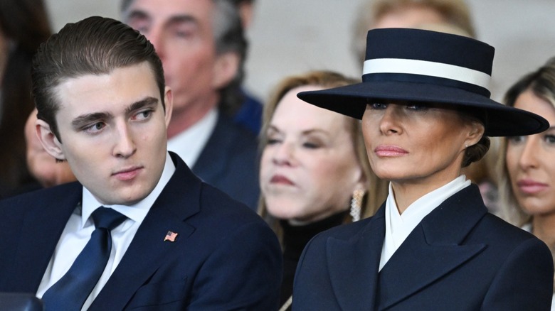 Barron Trump and Melania Trump listen as President Donald Trump gives his inaugural address in Washington, DC (2025)
