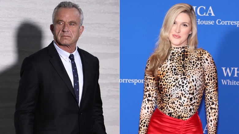 Split image of Robert F. Kennedy Jr. wearing a black suit and Olivia Nuzzi wearing a long-sleeved leopard-print top.