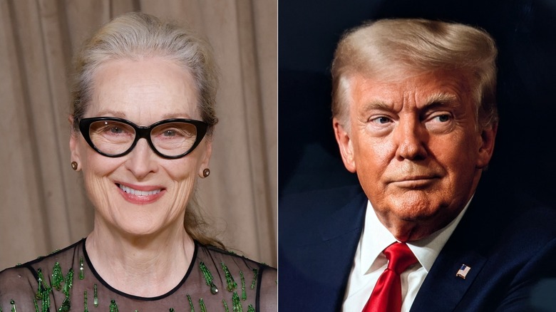 Split image of Meryl Streep smiling and Donald Trump smirking