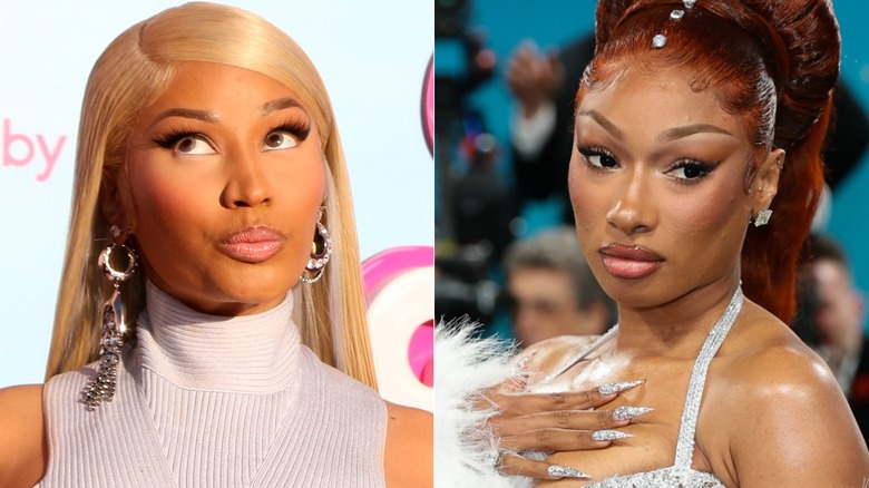 Nicki Minaj at the 'Barbie' Premiere in Los Angeles in June 2023 (right), and Megan Thee Stallion attends the 2025 Met Gala in New York City (left).