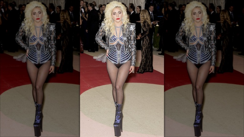 Lady Gaga in a silver leotard