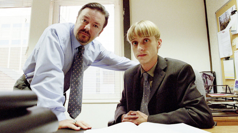 Ricky Gervais and a co-star on Season 2 of "The Office: UK"