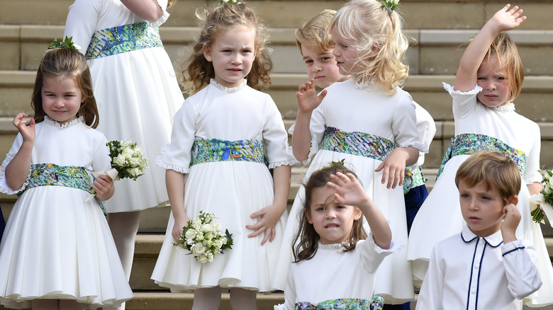 Princess Charlotte, Savannah Phillips, Maud Windsor, Prince George, Isla Phillips, Theodora Williams, Mia Tindall and Louis de Givenchy waving