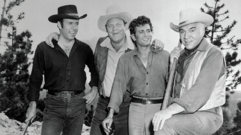 "Bonanza" promotional photo with Pernell Roberts as Adam Cartwright, Dan Blocker as Hoss Cartwright, Michael Landon as Little Joe Cartwright, and Lorne Greene as Ben Cartwright.