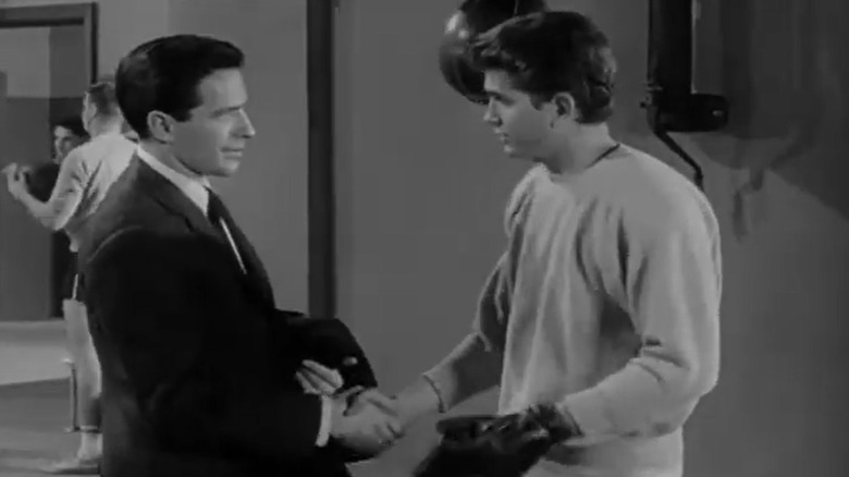 John Cassavetes as Johnny Staccato and Michael Landon as Freddie Tate in 1950s TV series "Johnny Staccato."