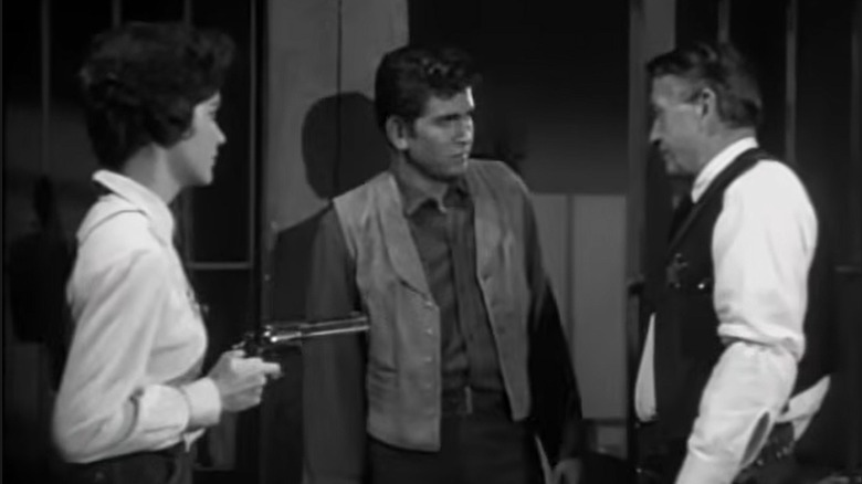 Michael Landon, Sue Randall, and Paul Fix in "The Rifleman" (1958)