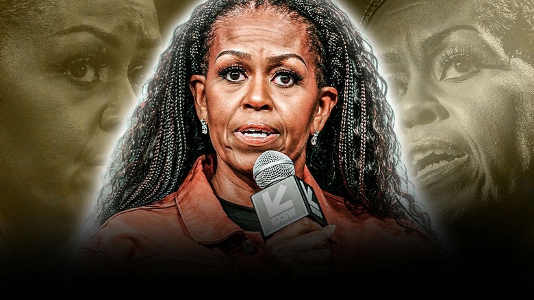 Michelle Obama speaking on a microphone