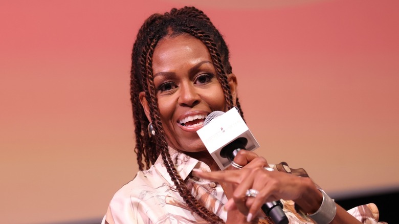 MIchelle Obama speaks during the 2025 Martha's Vineyard African American Film Festival in Martha's Vineyard, MA