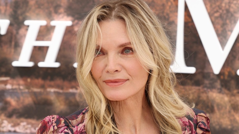 Close-up of Michelle Pheiffer posing against a brown background with her blond hair in a middle part
