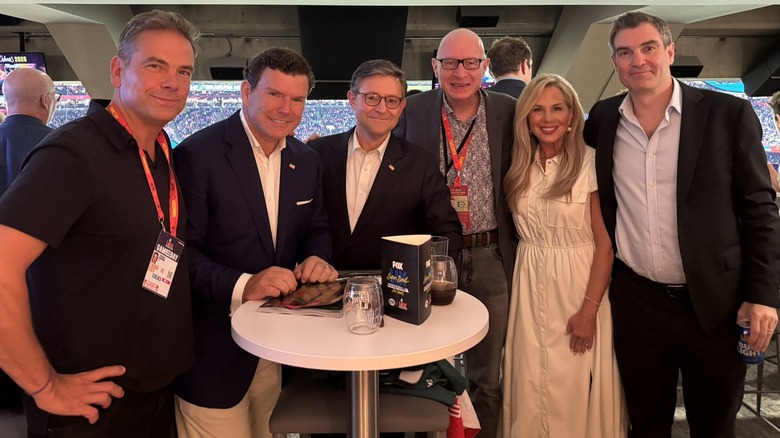 Bret Baier, Mike Johnson, and Kelly Johnson, among others, at Super Bowl LIX in 2025