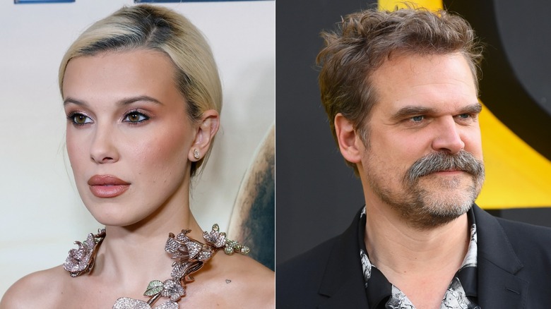Close up of Millie Bobby Brown and close up of David Harbour.