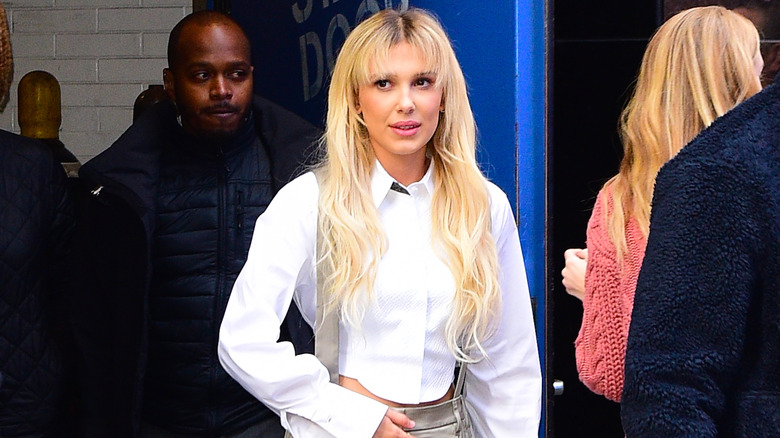 Millie Bobby Brown walking outside GMA studios