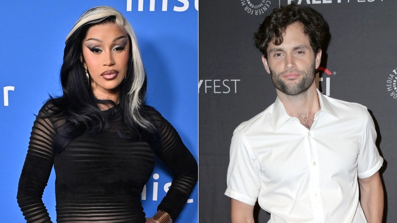 Split image of Cardi B and Penn Badgley