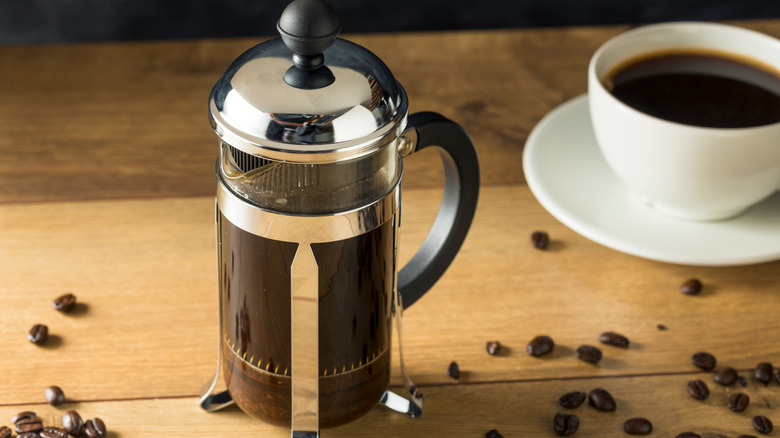 French press coffee maker full of coffee 