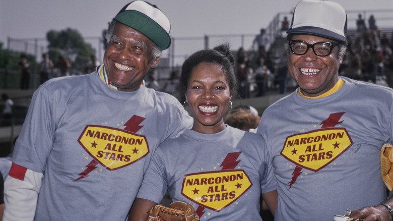 Robert Earl Jones (L), Lee Chamberlin (C), and James Earl Jones (R) attending a celebrity softball game in 1980