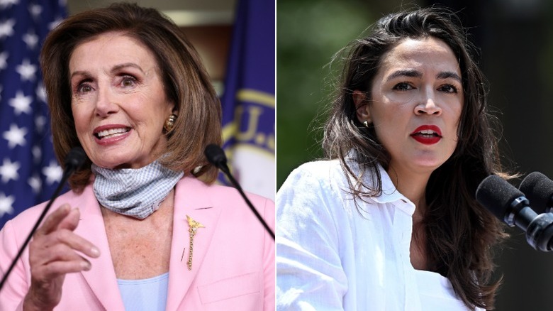 Split image of Nancy Pelosi and Alexandria Ocasio-Cortez in front of microphones