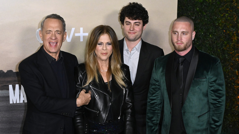 Chet Hanks in green jacket with parents Tom Hanks and Rita Wilson and brother Truman