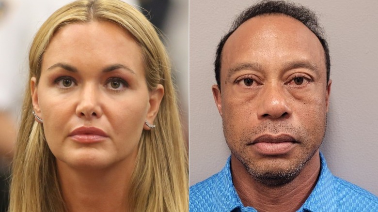 Side-by-side photos of Vanessa Trump with a serious facial expression and Tiger Woods in a mugshot.