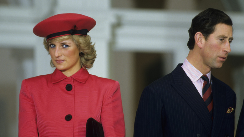 The Princess of Wales stands next to her husband, Charles the Prince of Wales, during a function held in their honor February 11, 1987 in Bonn, Germany.