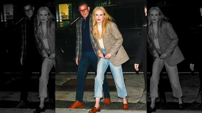 Nicole Kidman pictured in Midtown New York City wearing a blazer, ankle-length jeans, brown loafers, and a white T-shirt