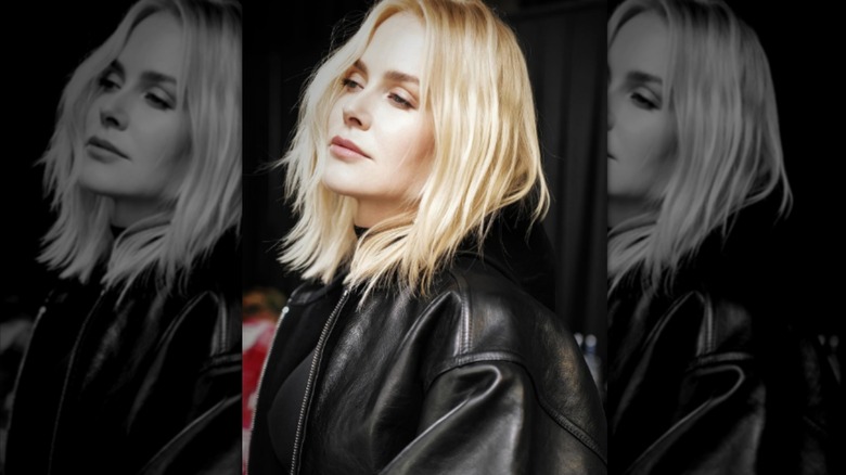 Nicole Kidman poses for a selfie posted on her instagram with a short blonde bob and wearing a leather jacket