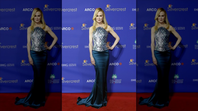 Nicole Kidman in a heart of pearl corset top and navy silk skirt on the red carpet for the Palm Springs International Film Festival