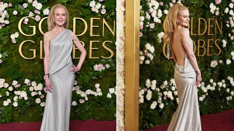 Split image of Nicole Kidman in a one-shouldered, sparkling silver draped gown for the Golden Globes