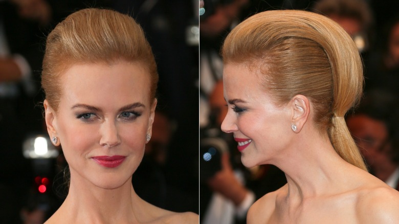 Split image of Nicole Kidman (front and profile view) with a fauxhawk ponytail at Cannes