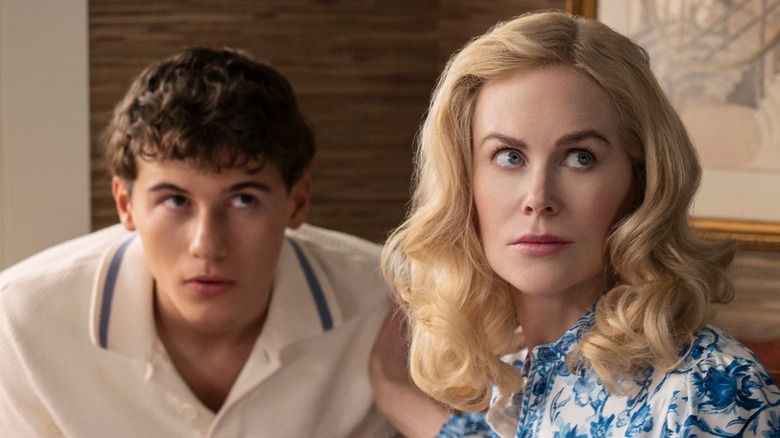 Nicole Kidman wearing an obvious wig while acting with Sam Nivola in The Perfect Couple