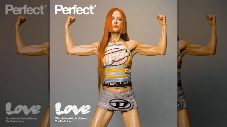 Nicole Kidman flexing on the cover of Perfect Magazine and sporting a dark red jellyfish cut