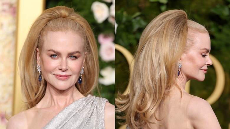 A split image of Nicole Kidman (front and profile view) at the Golden Globes with a bouffant ponytail