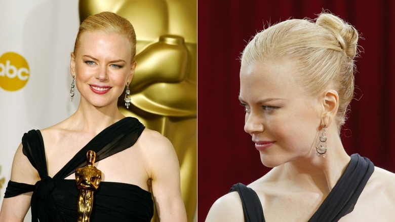 Split images of Nicole Kidman (front and profile view) smiling with slicked-back hair at the 2003 Oscars