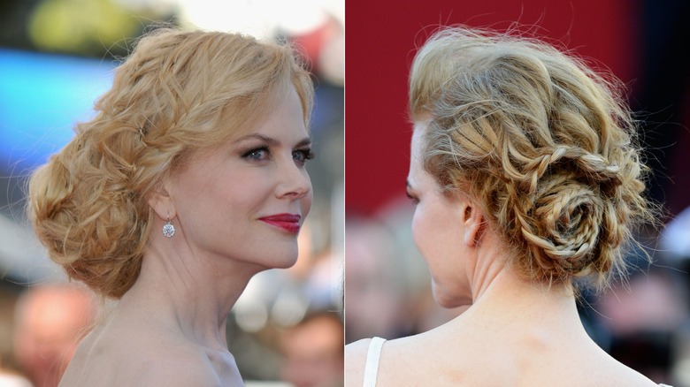 A split image of Nicole Kidman (front and profile view) with a messy yet intricate "cinnamon roll" braid