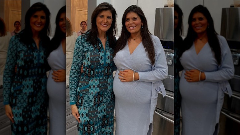 Nikki Haley and Alyssa Demi Sukhmani Randhawa pose together during a baby shower in 2024