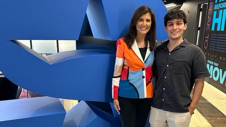 Nikki Haley poses in a bright blazer inside the SiriusXM studios (2024)
