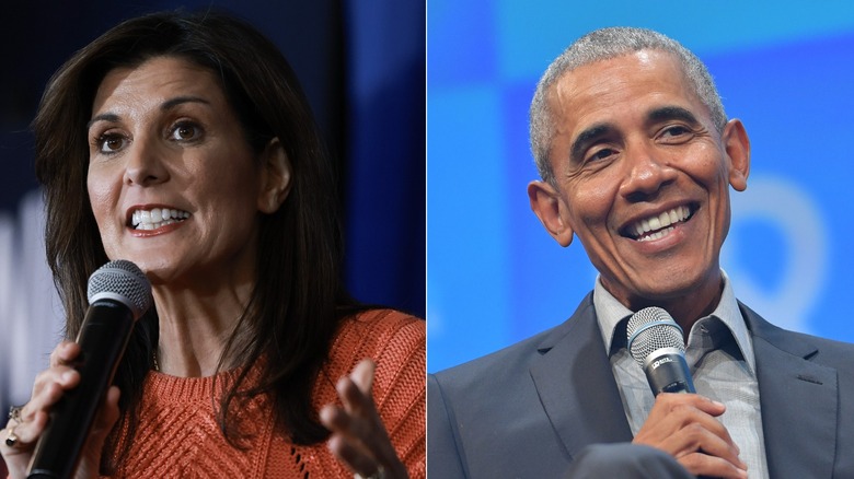 Niiki Haley (L) and Barack Obama (R) speaking onstage