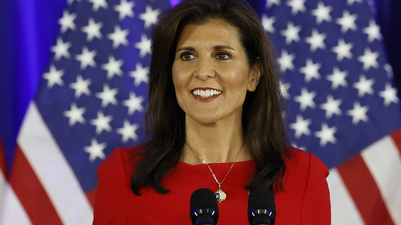 Nikki Haley smiling at podium