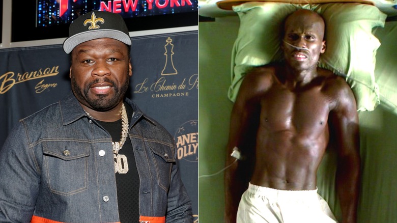 spilt screen of 50 Cent smiling and looking worried in a hospital bed