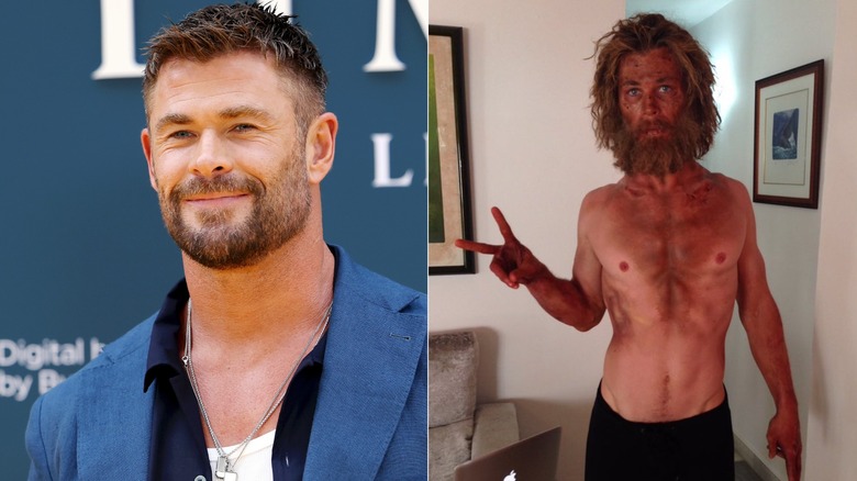 split screen of Chris Hemsworth smiling and staring/looking emaciated
