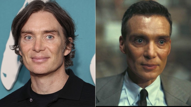 Split screen of Cillian Murphy smiling and looking serious in the "Oppenheimer" movie